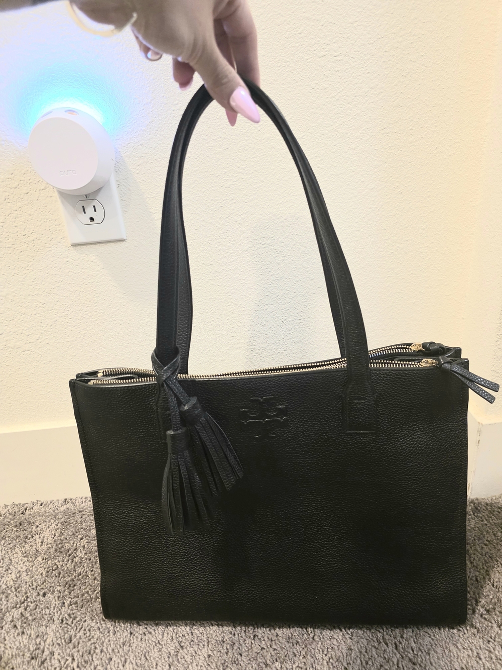Tory Burch Black Leather Double-Zip Tote with Tassel